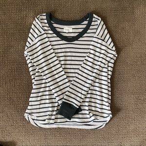 Waffle knit long sleeve thermal in greyish green and white striped.